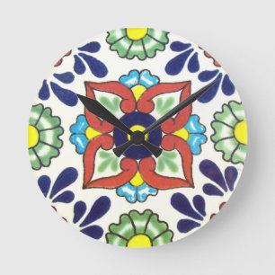 Reloj Redondo Mediano Baldosas de Talavera mexicana (rojo, verde, amaril