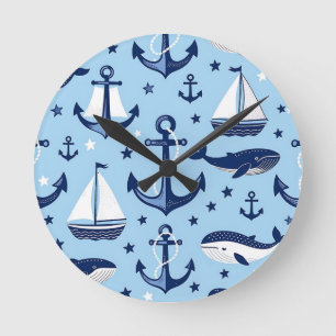 Reloj Redondo Mediano Ballenas Náuticas Anclas Patrón de Barcos de Vela