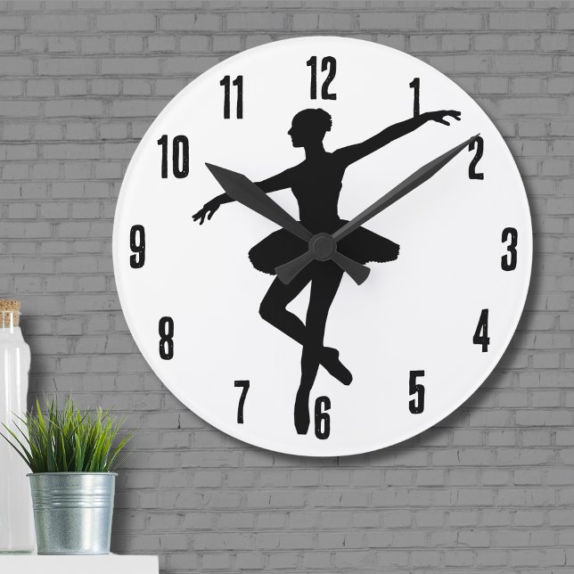 Reloj Redondo Mediano Ballet simple Ballerina Blanca Negra (Cute Simple Black White Ballet Dancing Ballerina Round Clock)