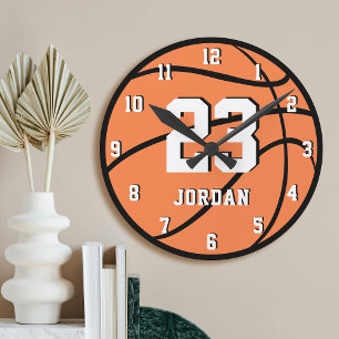 Reloj Redondo Mediano Balón de Baloncesto Naranja Nombre Personalizado y