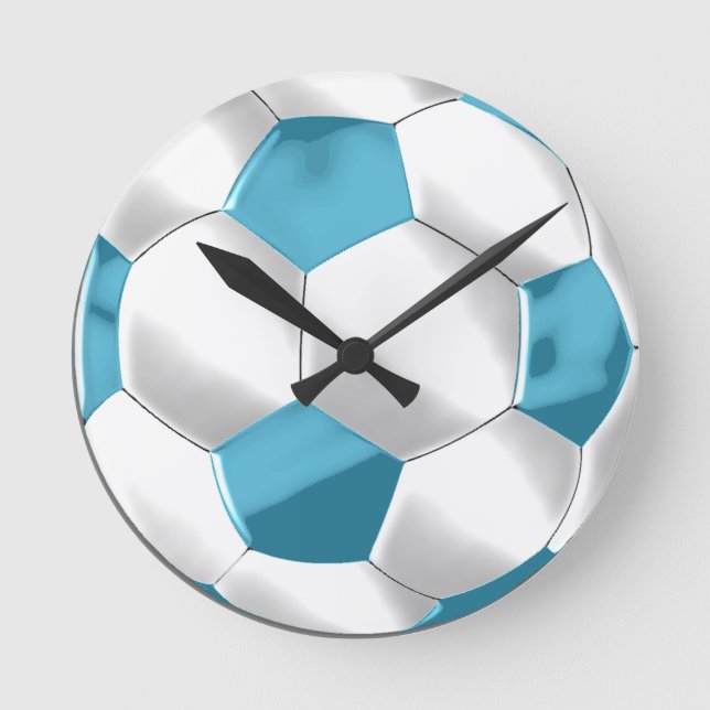Reloj Redondo Mediano Balón de fútbol azul turquesa y blanco (Anverso)
