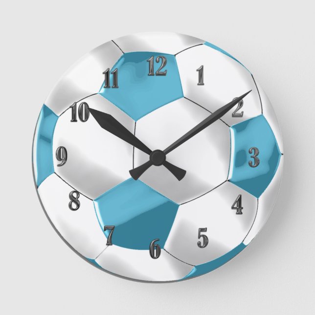 Reloj Redondo Mediano Balón de fútbol azul turquesa y blanco (Anverso)