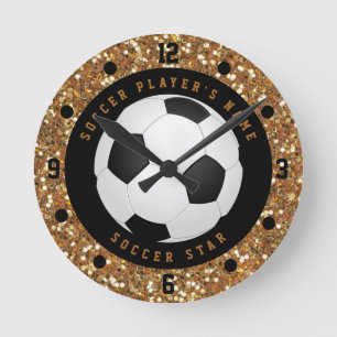Reloj Redondo Mediano Balón de Fútbol Glitter Oro Falso Personalizado
