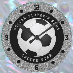 Reloj Redondo Mediano Balón de Fútbol Glitter Plateado Falso Personaliza