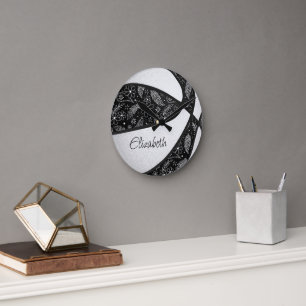 Reloj Redondo Mediano baloncesto boho chica patrón paislies negro blanco