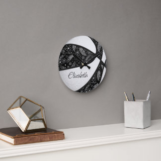 Reloj Redondo Mediano baloncesto boho chica patrón paislies negro blanco