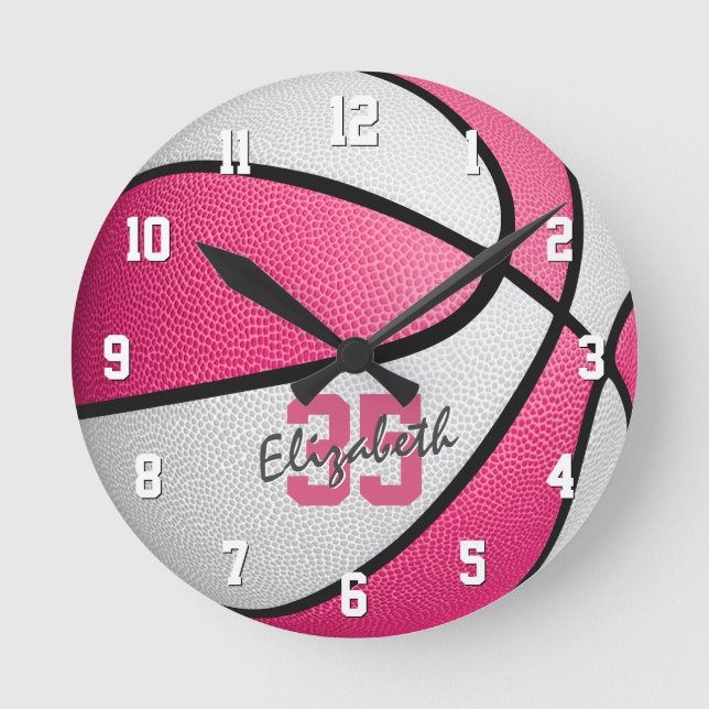 Reloj Redondo Mediano baloncesto personalizado rosa (Anverso)