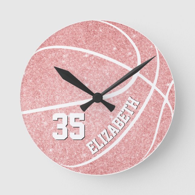 Reloj Redondo Mediano baloncesto rosado personalizado de los chicas (Anverso)