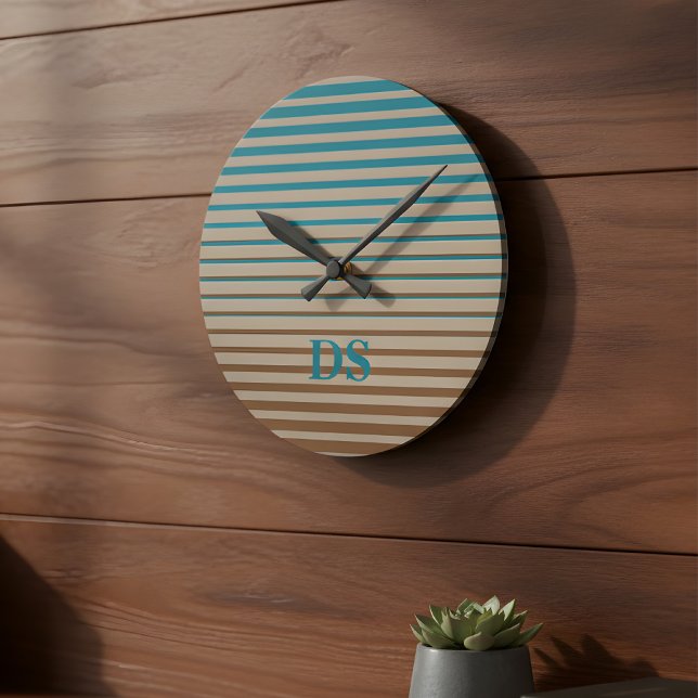Reloj Redondo Mediano Bandas horizontales Monograma marrón y azul (clock with monogram)