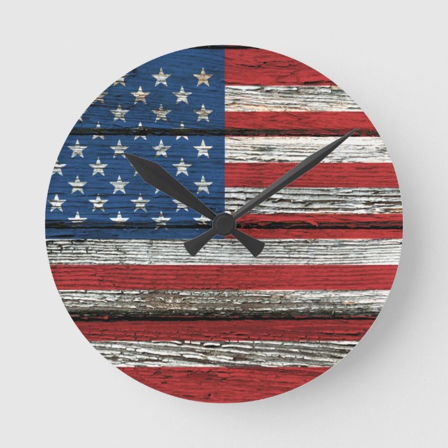 Reloj Redondo Mediano Bandera americana con efecto de madera áspero del (Anverso)