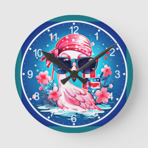 Reloj Redondo Mediano Bandera Americana con Flamingo Cartoon-69681