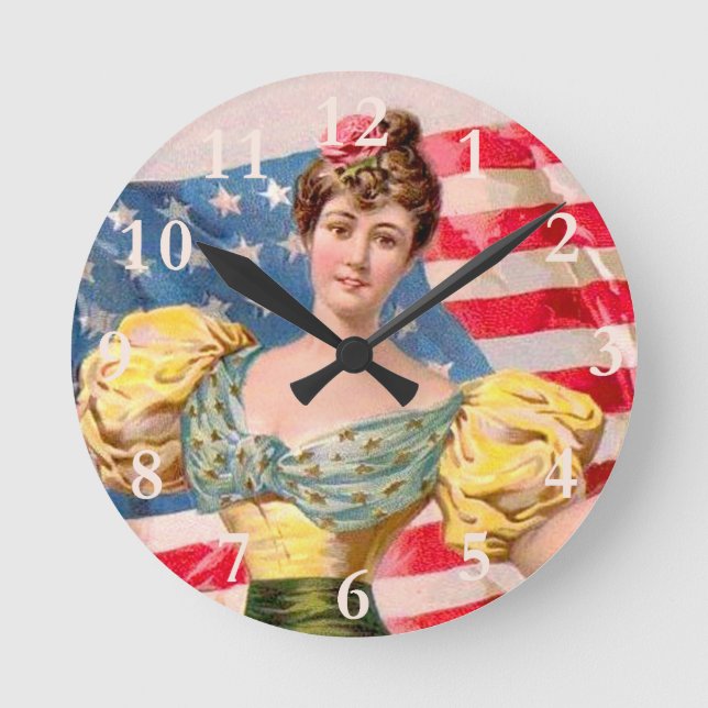 Reloj Redondo Mediano Bandera Americana Dama Libertad Independencia (Anverso)