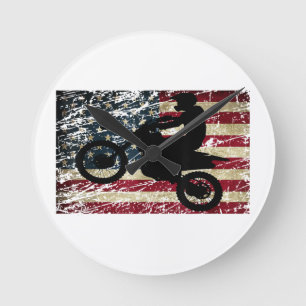 Reloj Redondo Mediano Bandera de Dirt Bike Estados Unidos Camiseta Motoc