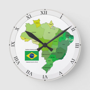 Reloj Redondo Mediano Bandera del Brasil y mapa político