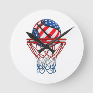 Reloj Redondo Mediano Bandera Estadounidense De Baloncesto 4 De Julio