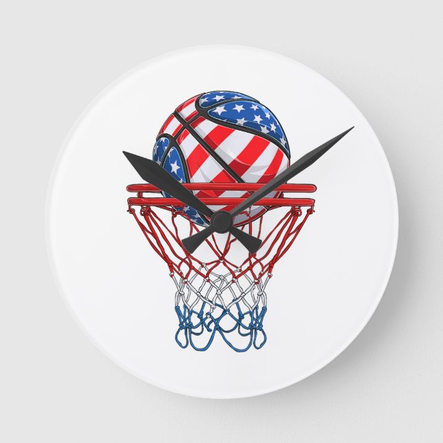 Reloj Redondo Mediano Bandera Estadounidense De Baloncesto 4 De Julio (Anverso)