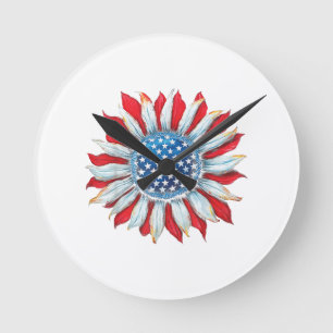 Reloj Redondo Mediano Bandera estadounidense del girasol 4 de julio Muje