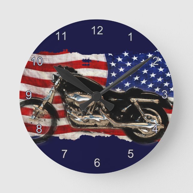 Reloj Redondo Mediano Bandera estadounidense, motocicleta, motocicleta,  (Anverso)