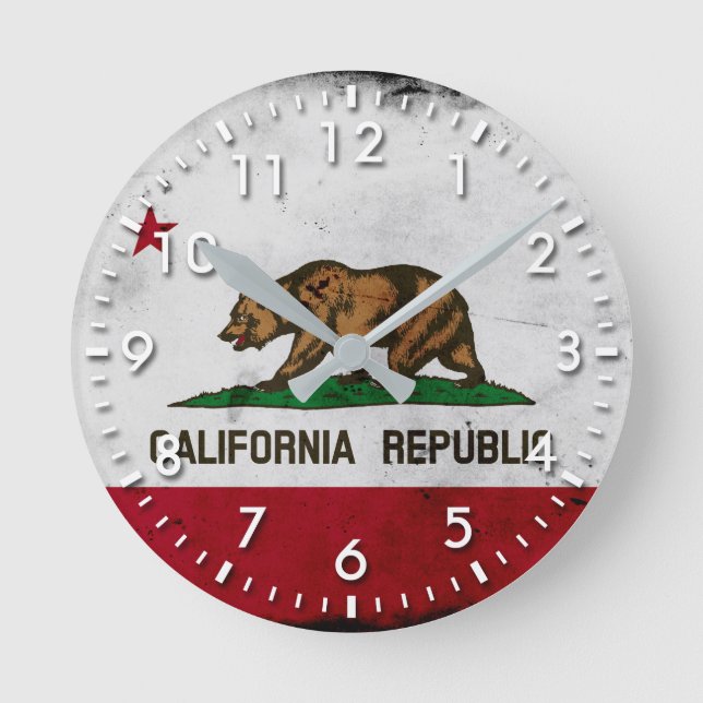 Reloj Redondo Mediano Bandera Estatal Grunge Patriótica de California (Anverso)