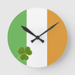 Reloj Redondo Mediano Bandera Irlandesa Con Shamrock
