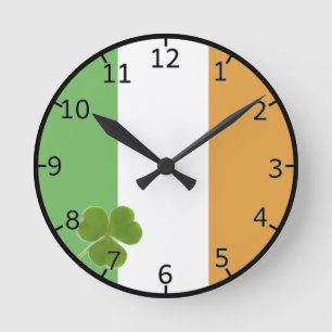 Reloj Redondo Mediano Bandera Irlandesa Con Shamrock