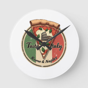 Reloj Redondo Mediano Bandera italiana con una Roma vintage y una pizza