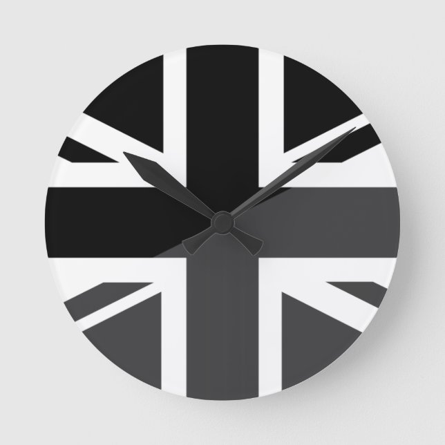 Reloj Redondo Mediano Bandera negra y gris de Union Jack Británicos (Anverso)