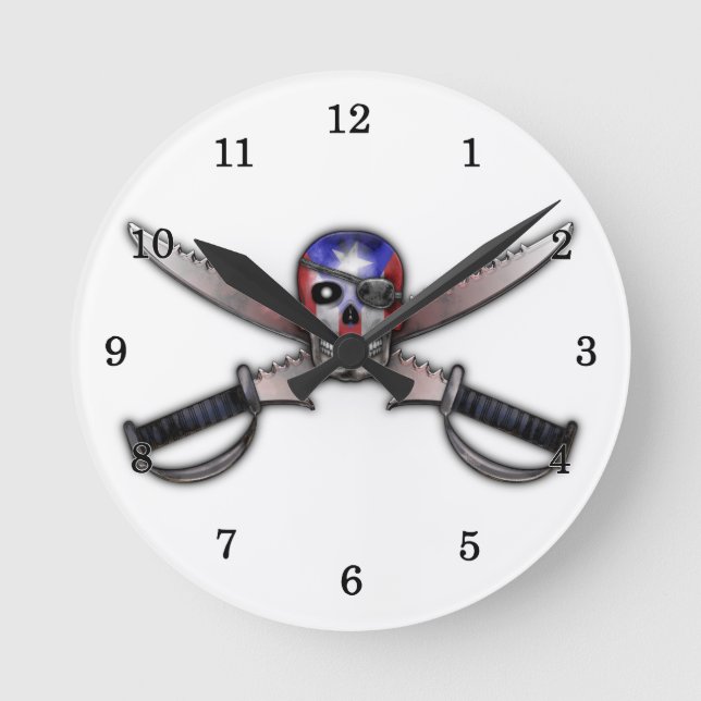 Reloj Redondo Mediano Bandera puertorriqueña - Calavera y espadas cruzad (Anverso)