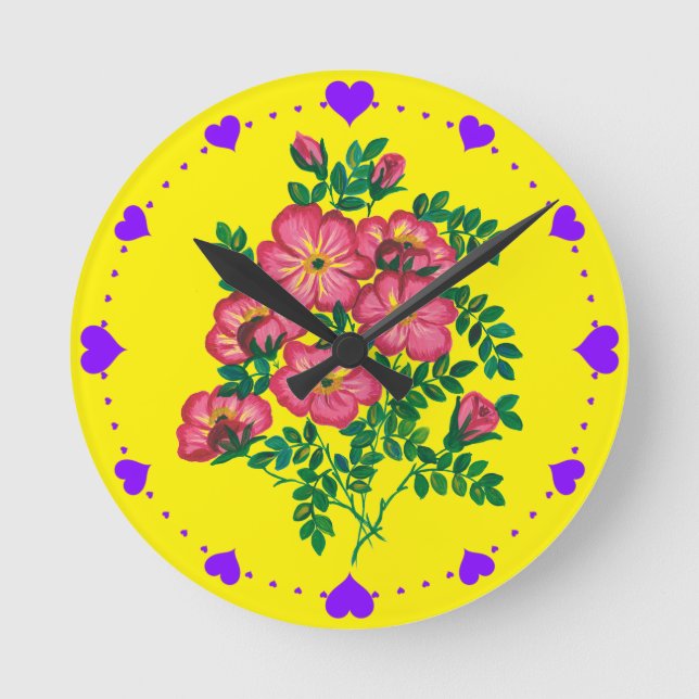 Reloj Redondo Mediano Banquete de flores rosadas (Anverso)