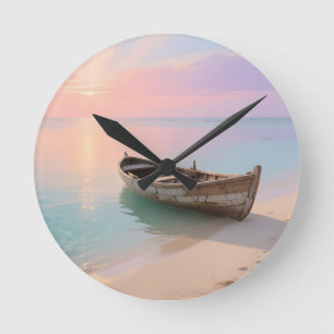 Reloj Redondo Mediano Barca de Madera Atardecer Tropical Playa