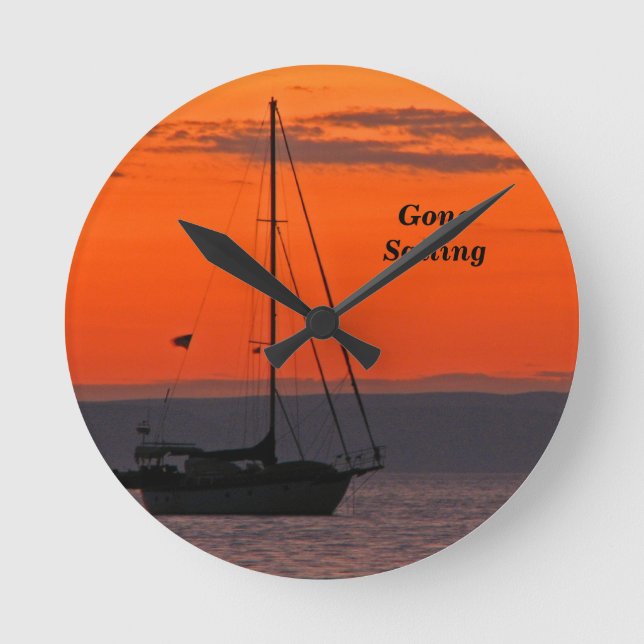 Reloj Redondo Mediano Barco de vela al atardecer Naranja, pequeño redond (Anverso)