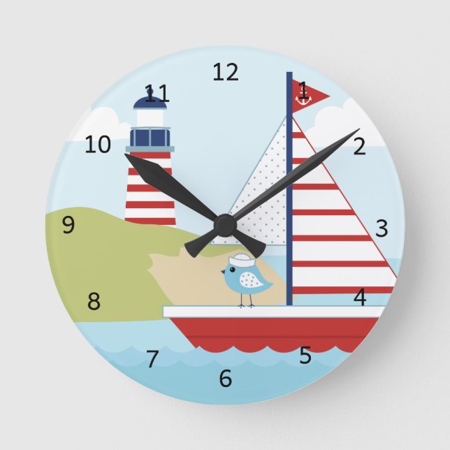 Reloj Redondo Mediano Barco de vela roja y faro (Anverso)