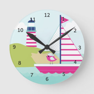 Reloj Redondo Mediano Barco de vela rosada y faro