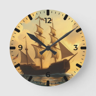 Reloj Redondo Mediano Barco Dorado