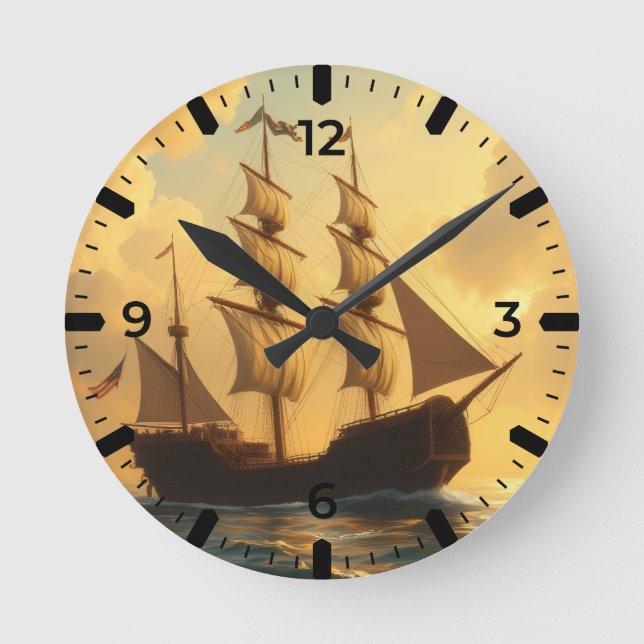 Reloj Redondo Mediano Barco Dorado (Anverso)