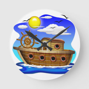Reloj Redondo Mediano Barco Pesquero Dibujo Animado 