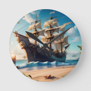 Reloj Redondo Mediano Barco pirata de playa tropical