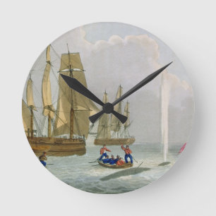 Reloj Redondo Mediano Barcos que se acercan a una ballena, grabada por