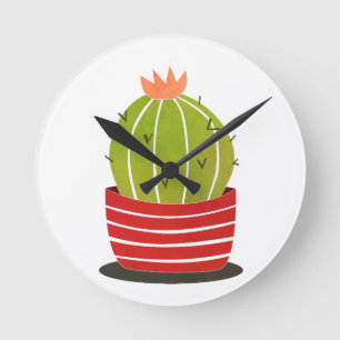 Reloj Redondo Mediano BARREL CACTUS en una olla roja arte mínimo