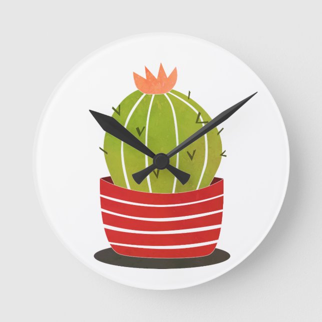 Reloj Redondo Mediano BARREL CACTUS en una olla roja arte mínimo (Anverso)