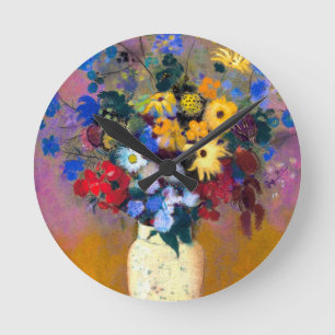 Reloj Redondo Mediano Base blanca con flores Odilon Redon