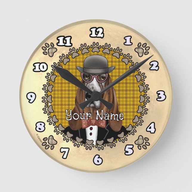 Reloj Redondo Mediano Basset Hound con anteojos (Anverso)