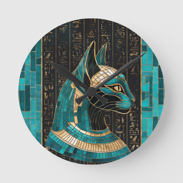 Reloj Redondo Mediano Bastet de diosa gata egipcia -arte mosaico (Anverso)