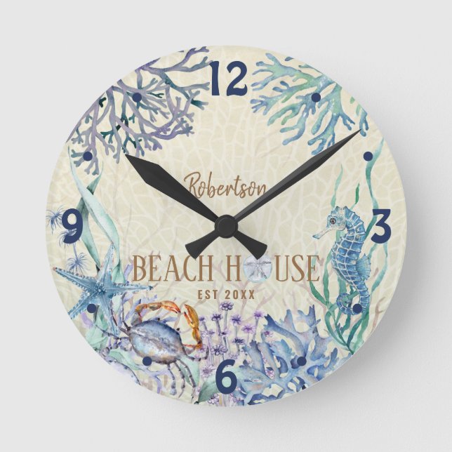 Reloj Redondo Mediano Beach House Coastal Ocean Personalizado (Anverso)