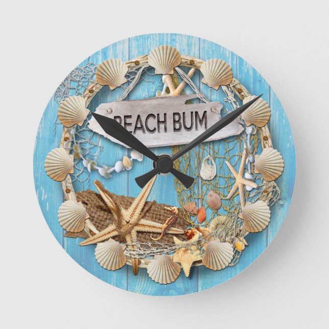 Reloj Redondo Mediano Beach Hut/Beach House Clock, Beach Bum (Anverso)