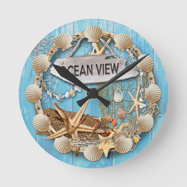 Reloj Redondo Mediano Beach Hut/Beach House Clock, Ocean View (Anverso)
