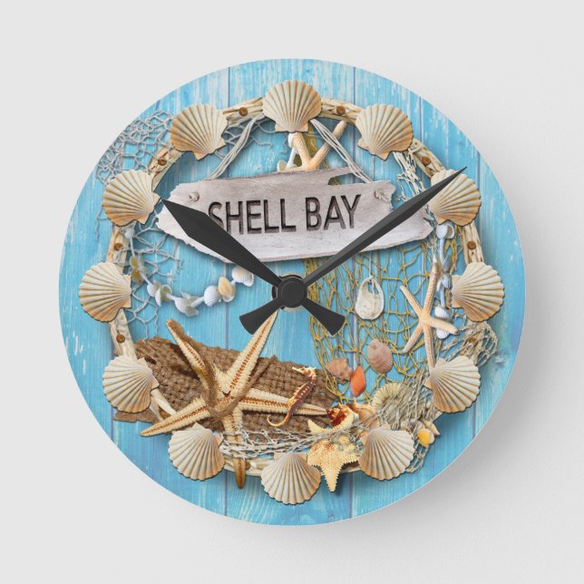 Reloj Redondo Mediano Beach Hut/Beach House Clock, Shell Bay (Anverso)