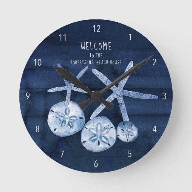 Reloj Redondo Mediano Beach Starfish Sand Dollar Marina moderna Madera A (Anverso)