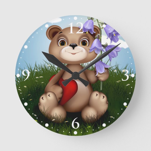 Reloj Redondo Mediano Bear Holding Bouquet Flower-30926 (Anverso)