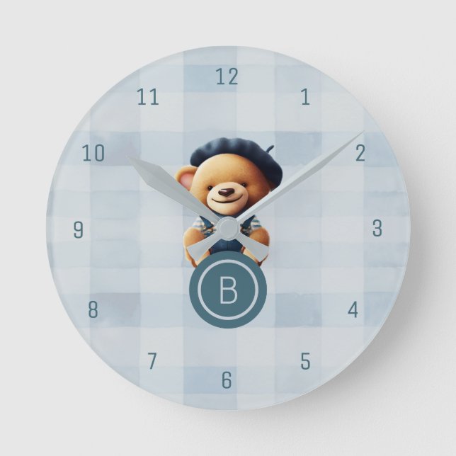 Reloj Redondo Mediano Bear Monograma Blue Gingham Wall Clock (Anverso)